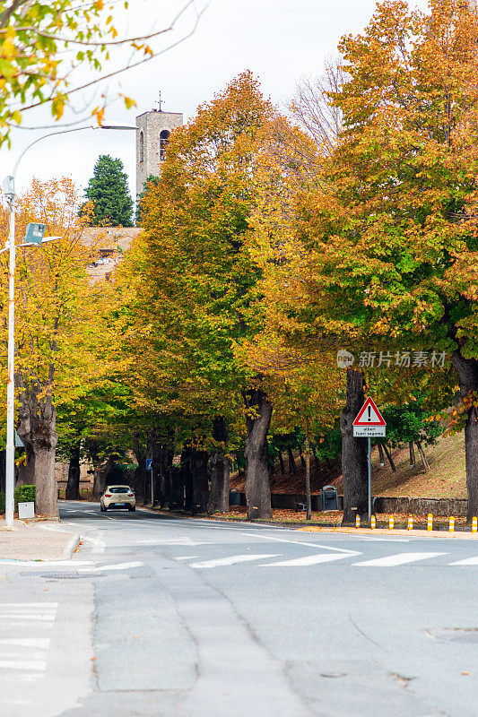 沿着圣吉米尼亚诺(San Gimignano)，在色彩缤纷的树木下奔跑的Strada Provinciale 1路线